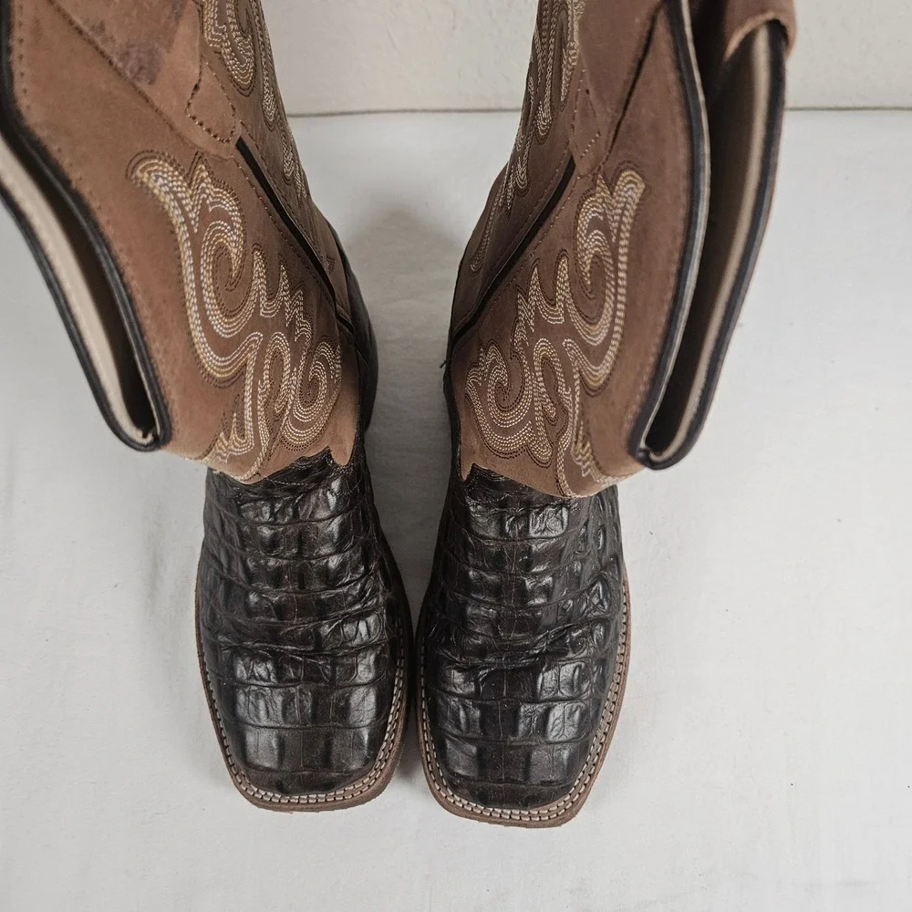 Old West BSY1832 Youth Cowboy Boots Brown Caiman Print Leather Square Toe SZ 4D